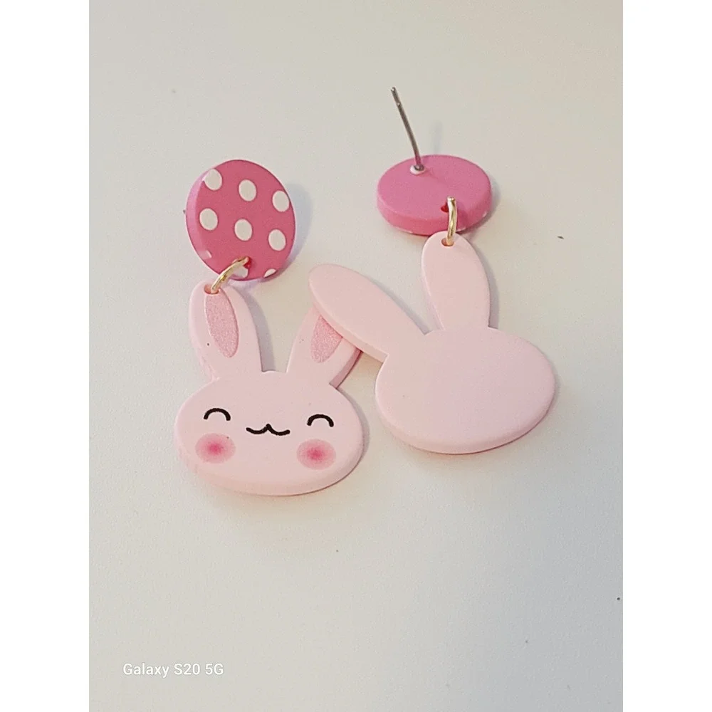 Pink Bunny Rabbit Polka Dot Drop Stud Earrings Handmade‎ Jewelry NEW Easter